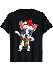 Dabbing French Bulldog Santa Christmas Gifts Boy Girl Boys Xmas T-Shirt 180G 100% Cotton Printed Round Neck Short-Sleeve T-Shirt, Gifts for Men Dad Husband Grandpa, S-XXXL, Black