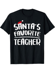 Santa's Favorite Teacher T-Shirt Teacher Christmas Shirt T-Shirt 180G 100% Cotton Printed Round Neck Short-Sleeve T-Shirt, Gifts for Men Dad Husband Grandpa, S-XXXL, Black