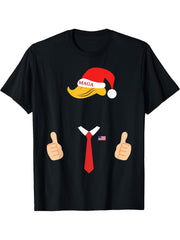 Trump Hair Santa Hat MAGA Red Tie Christmas Family Pajama PJ T-Shirt 180G 100% Cotton Printed Round Neck Short-Sleeve T-Shirt, Gifts for Men Dad Husband Grandpa, S-XXXL, Black