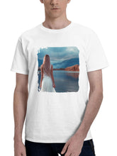 Blonde Girl Long Hair White Dress Walking In Lake 180G 100% Cotton Printed Round Neck Short-Sleeve T-Shirt, Gifts for Men Dad Husband Grandpa, S-XXXL, White