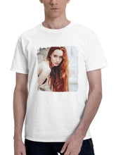 Blonde Girl Leaning On Window 180G 100% Cotton Printed Round Neck Short-Sleeve T-Shirt, Gifts for Men Dad Husband Grandpa, S-XXXL, White