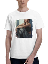 Blonde Girl Sitting Indoor Legs Crossed 180G 100% Cotton Printed Round Neck Short-Sleeve T-Shirt, Gifts for Men Dad Husband Grandpa, S-XXXL, White