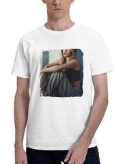 Blonde Girl Sitting Indoor Legs Crossed 180G 100% Cotton Printed Round Neck Short-Sleeve T-Shirt, Gifts for Men Dad Husband Grandpa, S-XXXL, White