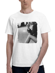 Blonde Girl Sitting Monochrome 180G 100% Cotton Printed Round Neck Short-Sleeve T-Shirt, Gifts for Men Dad Husband Grandpa, S-XXXL, White