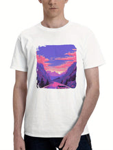 Car Cruising The Snowy Mountains 180G 100% Cotton Printed Round Neck Short-Sleeve T-Shirt, Gifts for Men Dad Husband Grandpa, S-XXXL, White