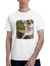 Blonde Girl White Dress Sitting At Pond 180G 100% Cotton Printed Round Neck Short-Sleeve T-Shirt, Gifts for Men Dad Husband Grandpa, S-XXXL, White