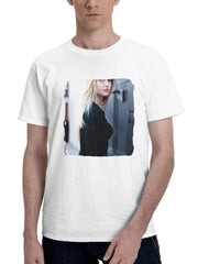 Blonde Women Portrait 180G 100% Cotton Printed Round Neck Short-Sleeve T-Shirt, Gifts for Men Dad Husband Grandpa, S-XXXL, White