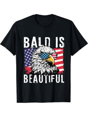 Bald Is Beautiful 4th of July Independence Day Bald Eagle T-Shirt 180G 100% Cotton Printed Round Neck Short-Sleeve T-Shirt, Gifts for Men Dad Husband Grandpa, S-XXXL, Black