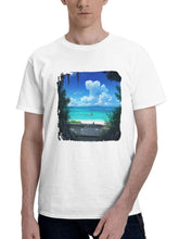 Cat Watching The Nature Beach 180G 100% Cotton Printed Round Neck Short-Sleeve T-Shirt, Gifts for Men Dad Husband Grandpa, S-XXXL, White