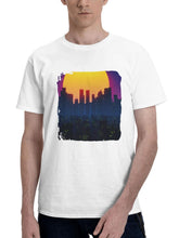 A Fusion Of Modern City And Synthwave Sun 180G 100% Cotton Printed Round Neck Short-Sleeve T-Shirt, Gifts for Men Dad Husband Grandpa, S-XXXL, White