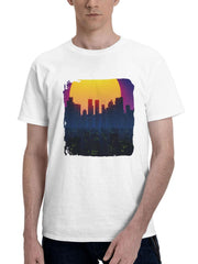 A Fusion Of Modern City And Synthwave Sun 180G 100% Cotton Printed Round Neck Short-Sleeve T-Shirt, Gifts for Men Dad Husband Grandpa, S-XXXL, White