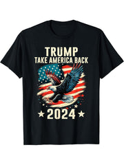 Trump Take America Back 2024 Bald Eagle Trump 2024 USA Flag T-Shirt 180G 100% Cotton Printed Round Neck Short-Sleeve T-Shirt, Gifts for Men Dad Husband Grandpa, S-XXXL, Black
