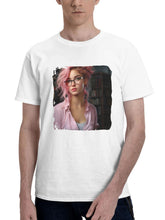 A Pink Haired Girl With Glasses In The Library 180G 100% Cotton Printed Round Neck Short-Sleeve T-Shirt, Gifts for Men Dad Husband Grandpa, S-XXXL, White