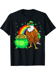 American Bald Eagle Leprechaun Funny St Patricks Day T-Shirt 180G 100% Cotton Printed Round Neck Short-Sleeve T-Shirt, Gifts for Men Dad Husband Grandpa, S-XXXL, Black