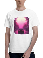 A Synthwave Car Journey Through Time 180G 100% Cotton Printed Round Neck Short-Sleeve T-Shirt, Gifts for Men Dad Husband Grandpa, S-XXXL, White