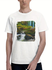A Waterfall Flowing Through A Subtropical Forest 180G 100% Cotton Printed Round Neck Short-Sleeve T-Shirt, Gifts for Men Dad Husband Grandpa, S-XXXL, White