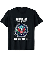 Bald Is Beautiful USA Patriotic Shirt 4th of July Bald Eagle T-Shirt 180G 100% Cotton Printed Round Neck Short-Sleeve T-Shirt, Gifts for Men Dad Husband Grandpa, S-XXXL, Black