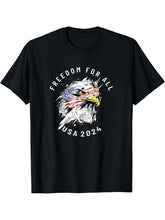 Freedom For All USA 2024 American Bald Eagle US Flag Art T-Shirt 180G 100% Cotton Printed Round Neck Short-Sleeve T-Shirt, Gifts for Men Dad Husband Grandpa, S-XXXL, Black