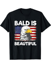 Bald Is Beautiful 4th of July Funny Bald Eagle American Flag T-Shirt 180G 100% Cotton Printed Round Neck Short-Sleeve T-Shirt, Gifts for Men Dad Husband Grandpa, S-XXXL, Black