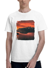 Body Of Water Near Mountains 180G 100% Cotton Printed Round Neck Short-Sleeve T-Shirt, Gifts for Men Dad Husband Grandpa, S-XXXL, White