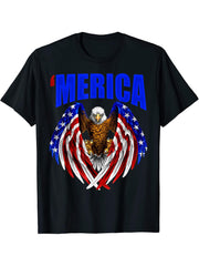 4th Of July American Bald Eagle America USA Flag 'Merica T-Shirt 180G 100% Cotton Printed Round Neck Short-Sleeve T-Shirt, Gifts for Men Dad Husband Grandpa, S-XXXL, Black
