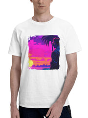 Boy With Sunglasses Vaporwave Sunset Glow Palm Trees Yacht Relaxing 180G 100% Cotton Printed Round Neck Short-Sleeve T-Shirt, Gifts for Men Dad Husband Grandpa, S-XXXL, White