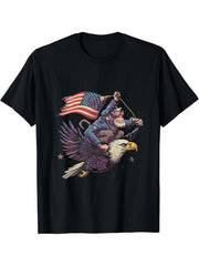 Funny Monkey Bald Eagle American Flag USA Fourth Of July T-Shirt 180G 100% Cotton Printed Round Neck Short-Sleeve T-Shirt, Gifts for Men Dad Husband Grandpa, S-XXXL, Black