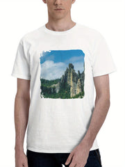 Cathedral Spires From The Needles Highway In Custer State Park 180G 100% Cotton Printed Round Neck Short-Sleeve T-Shirt, Gifts for Men Dad Husband Grandpa, S-XXXL, White