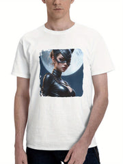 Catwoman In Black Leather Dress 180G 100% Cotton Printed Round Neck Short-Sleeve T-Shirt, Gifts for Men Dad Husband Grandpa, S-XXXL, White