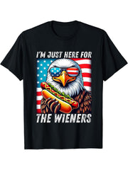 I'm Just Here For The Wieners Bald Eagle Hotdog 4th Of July T-Shirt 180G 100% Cotton Printed Round Neck Short-Sleeve T-Shirt, Gifts for Men Dad Husband Grandpa, S-XXXL, Black
