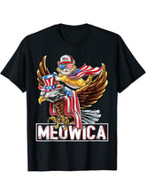 Cat Bald Eagle American Flag Meowica Shirt Funny 4th of July T-Shirt 180G 100% Cotton Printed Round Neck Short-Sleeve T-Shirt, Gifts for Men Dad Husband Grandpa, S-XXXL, Black
