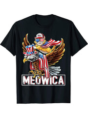 Cat Bald Eagle American Flag Meowica Shirt Funny 4th of July T-Shirt 180G 100% Cotton Printed Round Neck Short-Sleeve T-Shirt, Gifts for Men Dad Husband Grandpa, S-XXXL, Black