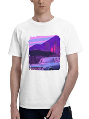 Classic Car On Synthwave Road 180G 100% Cotton Printed Round Neck Short-Sleeve T-Shirt, Gifts for Men Dad Husband Grandpa, S-XXXL, White