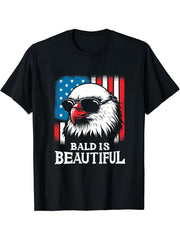 Bald is Beautiful 4th of July USA Patriotic Funny Bald Eagle T-Shirt 180G 100% Cotton Printed Round Neck Short-Sleeve T-Shirt, Gifts for Men Dad Husband Grandpa, S-XXXL, Black