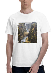 Cliff Aerial Mountains 180G 100% Cotton Printed Round Neck Short-Sleeve T-Shirt, Gifts for Men Dad Husband Grandpa, S-XXXL, White