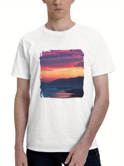 Coast Sunrises Sky Catalonia 180G 100% Cotton Printed Round Neck Short-Sleeve T-Shirt, Gifts for Men Dad Husband Grandpa, S-XXXL, White