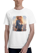 Beautiful Anime Girl Around Boats At Side Pier 180G 100% Cotton Printed Round Neck Short-Sleeve T-Shirt, Gifts for Men Dad Husband Grandpa, S-XXXL, White