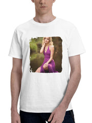 Beautiful Girl In A Purple Dress Looking At Viewer 180G 100% Cotton Printed Round Neck Short-Sleeve T-Shirt, Gifts for Men Dad Husband Grandpa, S-XXXL, White