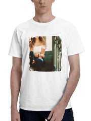 Brown Haired Girl Sitting On Stairs 180G 100% Cotton Printed Round Neck Short-Sleeve T-Shirt, Gifts for Men Dad Husband Grandpa, S-XXXL, White