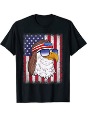 4th Of July American Flag Patriotic Bald Eagle Mullet USA T-Shirt 180G 100% Cotton Printed Round Neck Short-Sleeve T-Shirt, Gifts for Men Dad Husband Grandpa, S-XXXL, Black