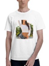 Brunette Girl Pose Glasses White Crop Top 180G 100% Cotton Printed Round Neck Short-Sleeve T-Shirt, Gifts for Men Dad Husband Grandpa, S-XXXL, White