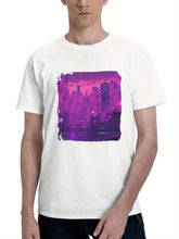 Buildings Purple Ai Art 180G 100% Cotton Printed Round Neck Short-Sleeve T-Shirt, Gifts for Men Dad Husband Grandpa, S-XXXL, White