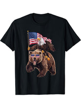 American Bald Eagle Riding Grizzly Bear 4th of July Proud T-Shirt 180G 100% Cotton Printed Round Neck Short-Sleeve T-Shirt, Gifts for Men Dad Husband Grandpa, S-XXXL, Black