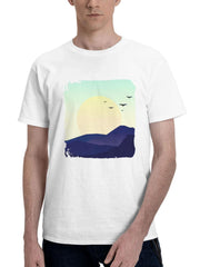 Birds Journey Home Minimal Sunset 180G 100% Cotton Printed Round Neck Short-Sleeve T-Shirt, Gifts for Men Dad Husband Grandpa, S-XXXL, White