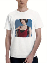 Ada Wong Cosplay 180G 100% Cotton Printed Round Neck Short-Sleeve T-Shirt, Gifts for Men Dad Husband Grandpa, S-XXXL, White