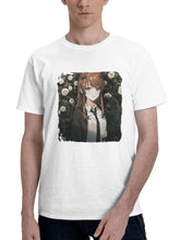 Adorable Anime Schoolgirl With A Background Of Flowers 180G 100% Cotton Printed Round Neck Short-Sleeve T-Shirt, Gifts for Men Dad Husband Grandpa, S-XXXL, White