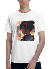 Ai Anime Girl In Big City 180G 100% Cotton Printed Round Neck Short-Sleeve T-Shirt, Gifts for Men Dad Husband Grandpa, S-XXXL, White