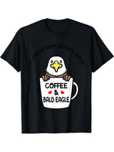 Coffee And Bald Eagle Bird Birding Birder Bird Watching T-Shirt 180G 100% Cotton Printed Round Neck Short-Sleeve T-Shirt, Gifts for Men Dad Husband Grandpa, S-XXXL, Black