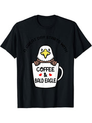 Coffee And Bald Eagle Bird Birding Birder Bird Watching T-Shirt 180G 100% Cotton Printed Round Neck Short-Sleeve T-Shirt, Gifts for Men Dad Husband Grandpa, S-XXXL, Black
