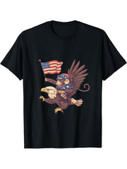 Fourth Of July Bald Eagle Monkey USA Patriotic American Flag T-Shirt 180G 100% Cotton Printed Round Neck Short-Sleeve T-Shirt, Gifts for Men Dad Husband Grandpa, S-XXXL, Black